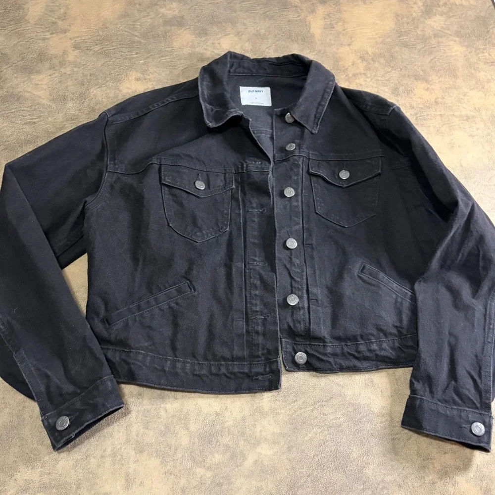 Old Navy Cropped Denim Jacket‎ Womens Large Black Blackjack Button Up 703072-00